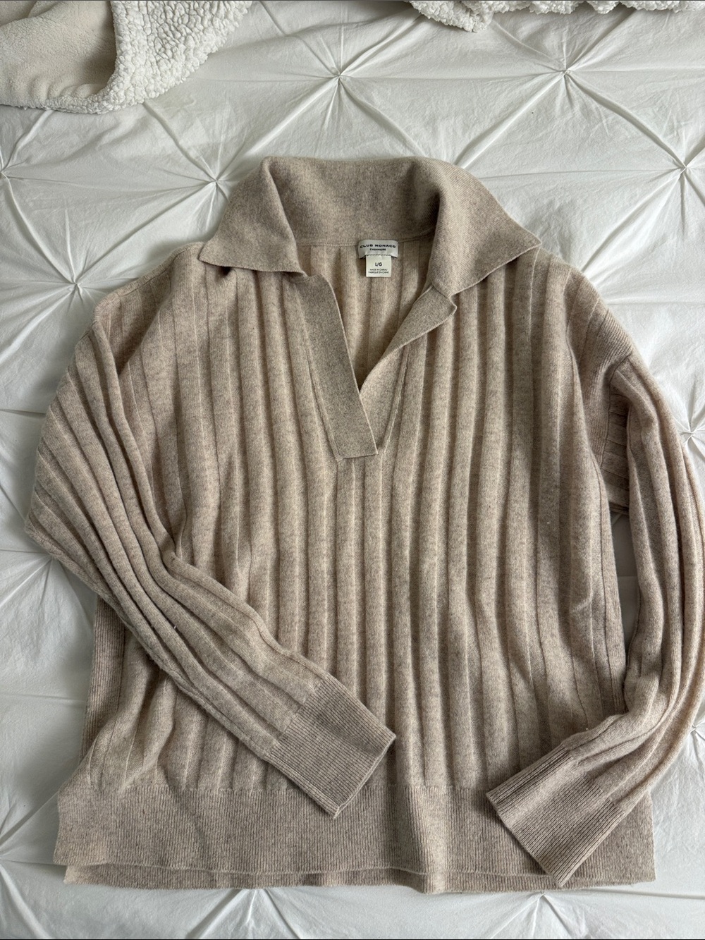 Club Monaco Cashmere Ribbed Collared Knit Sweater in Light Taupe